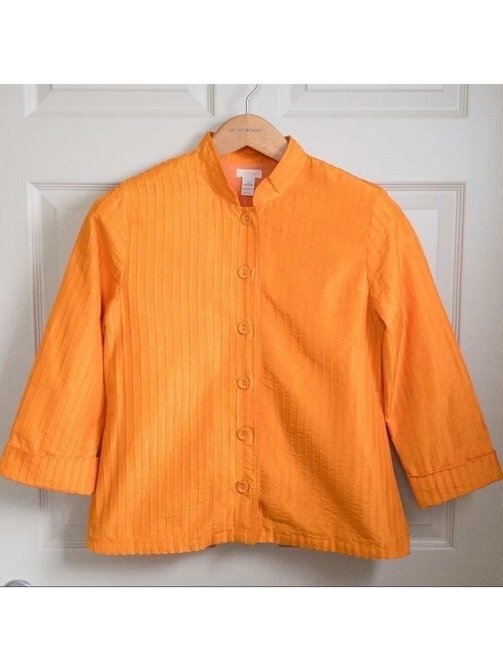 𝅺Chico's Jacket Blazer Bright Light Weight Orange Pleated Womens Size 8 Medium